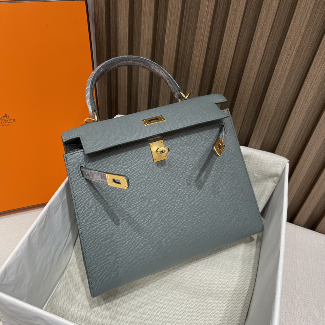 HERMES 爱马仕 Kelly Touch 25cm Epsom皮/亮面尼罗鳄 刻两点•• 74 Bleu Roi蓝灰色  拼鳄鱼又多了一份精致 进口蜜蜡线 全手工制作