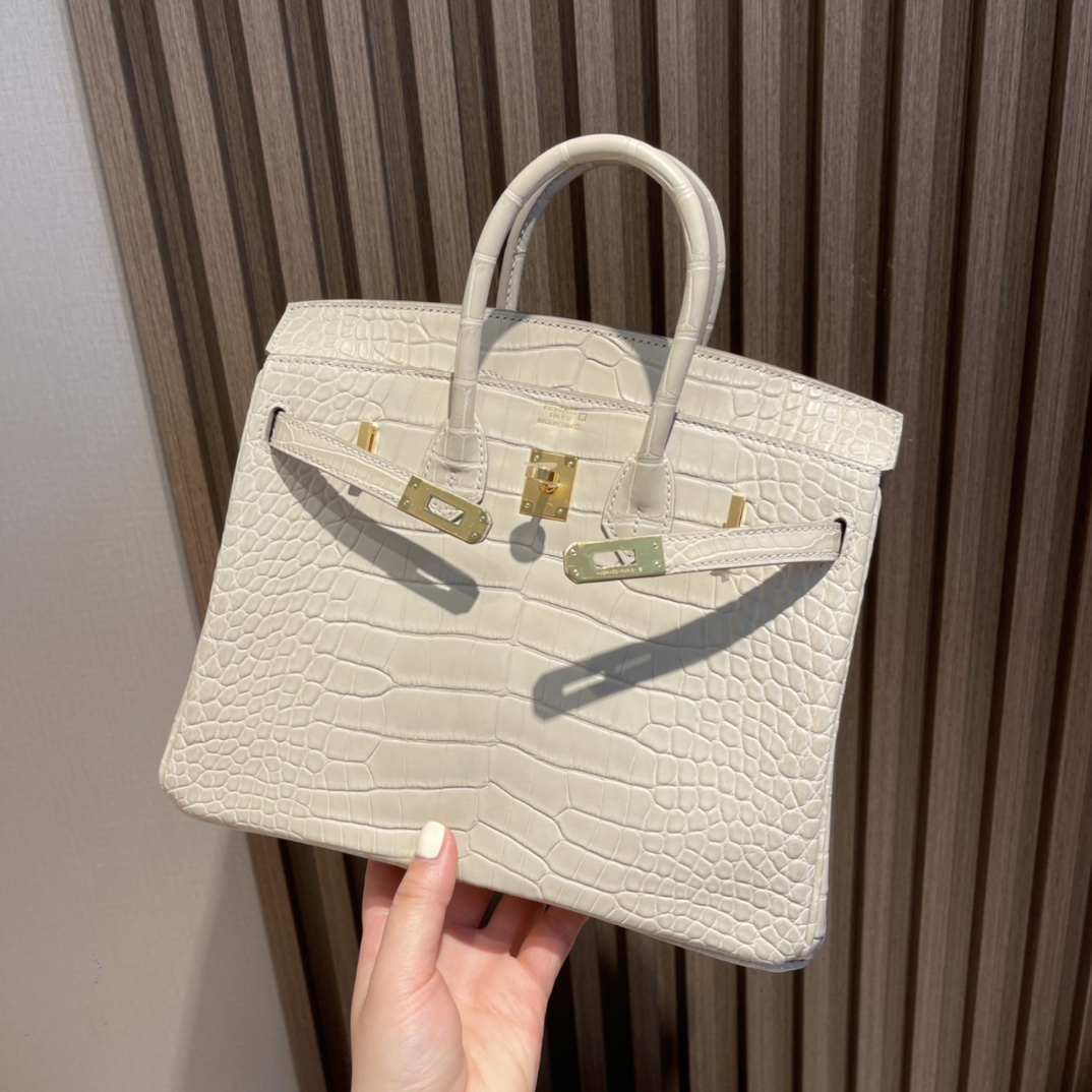 HERMES 爱马仕 Birkin 25cm 美洲鳄Alligator 雾面Matte 刻方块 8L 冰川白Beton 进口蜜蜡线 全手工制作