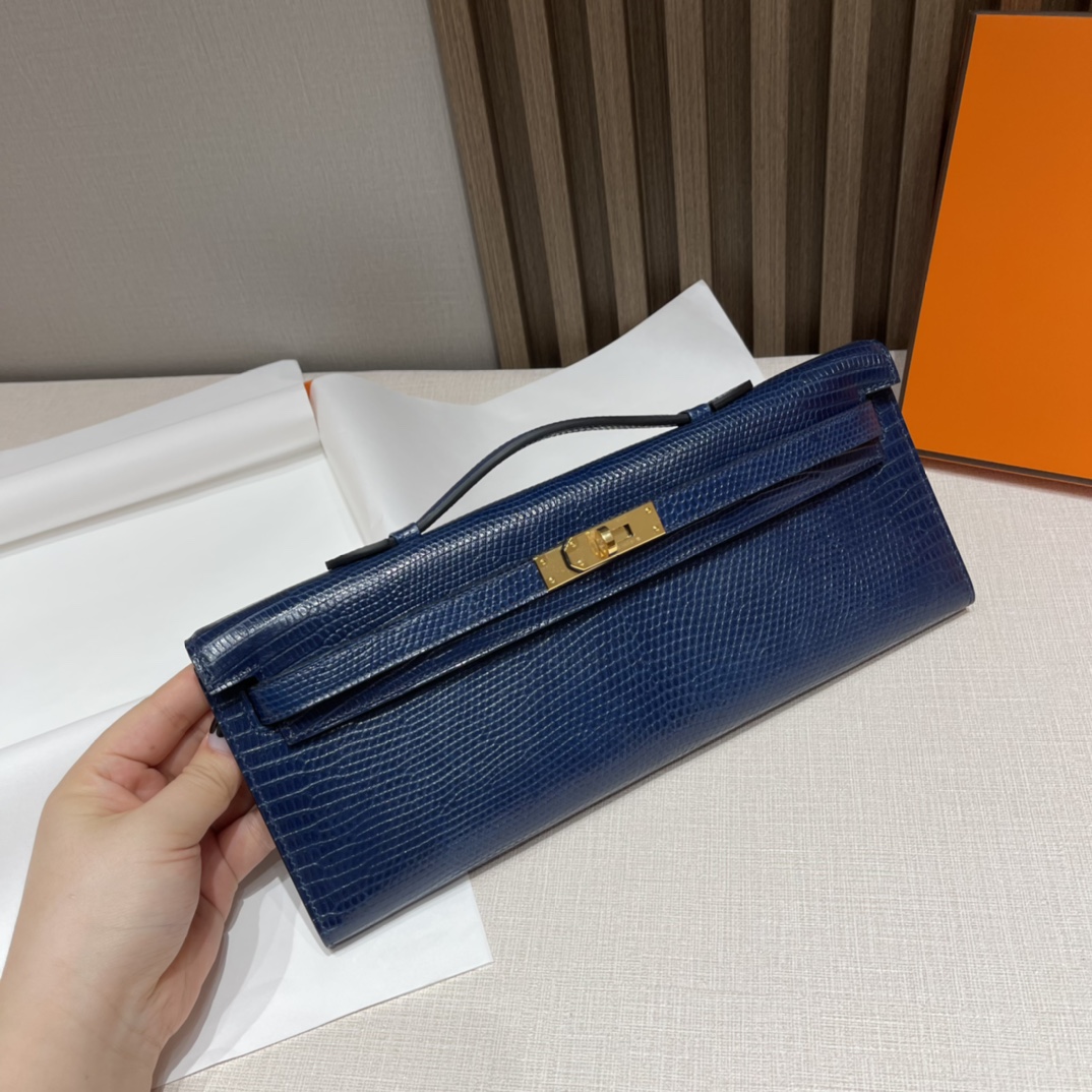 HERMES 爱马仕 Kelly cut 31cm 蜥蜴皮 73 宝石蓝Blue Saphire 进口蜜蜡线 全手工制作