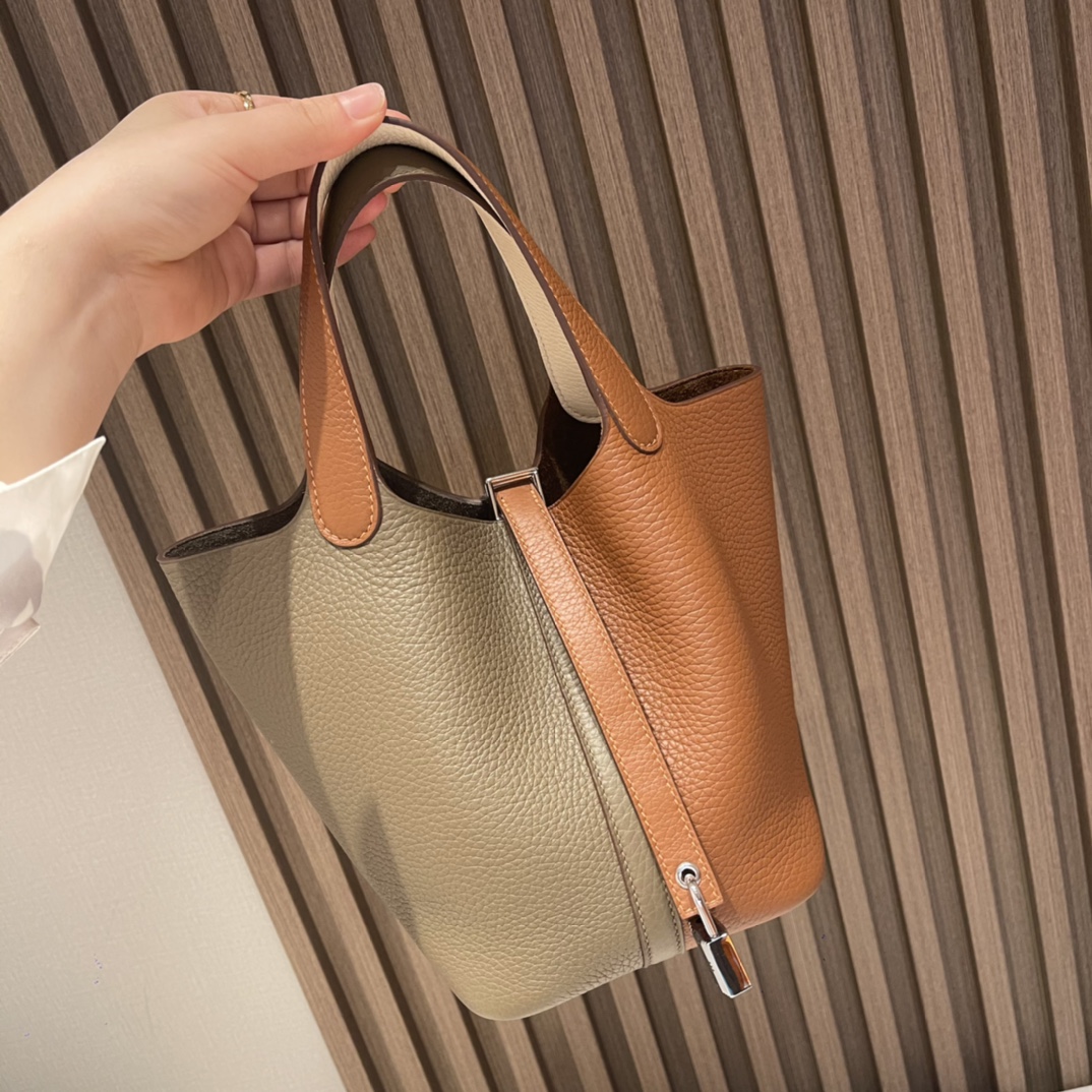 HERMES 爱马仕 Picotin Lock菜篮子 三拼色 18 大象灰/37 金棕/i2 奶油白 进口蜜蜡线 全手工制作