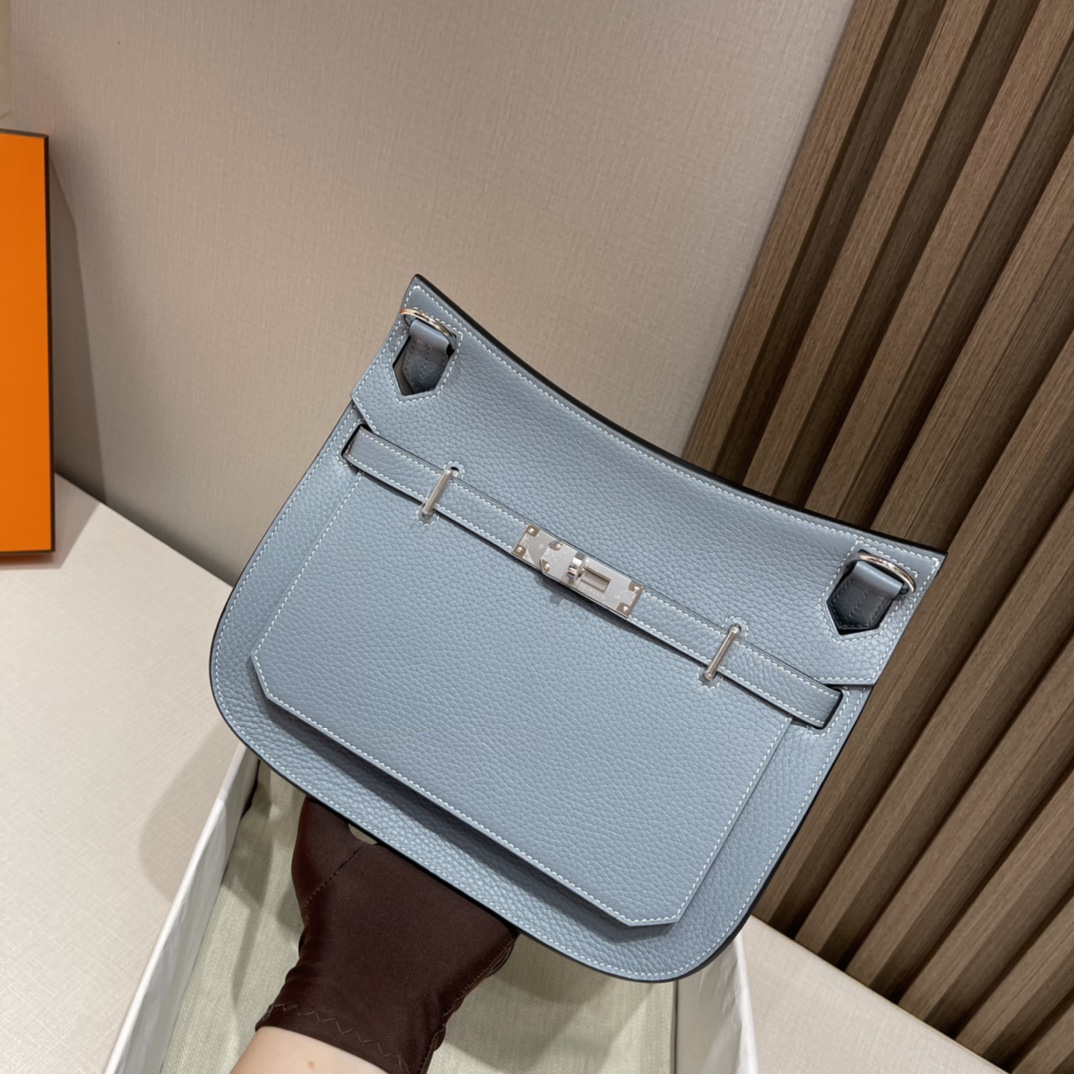 HERMES 爱马仕 Jypsiere吉普赛 28cm Clemence皮 J7 Bleu Un亚麻蓝 进口蜜蜡线 全手工制作