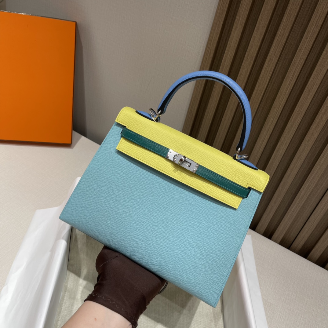 HERMES 爱马仕 Kelly 25cm Epsom皮 五拼色 3P 马卡龙蓝/1Q 奶昔粉/9R 柠檬黄/2T 天堂蓝/Z6 孔雀绿 进口蜜蜡线 全手工制作