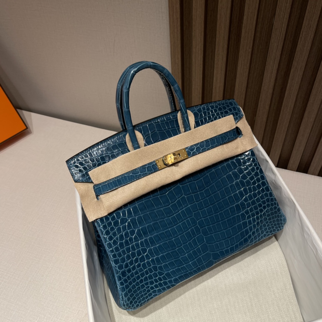HERMES 爱马仕 Birkin 25cm 湾鳄Porocus 亮面 刻倒V W0 博斯普鲁斯海峡绿Vert Bosphore 高级感拉满 口蜜蜡线 全手工制作