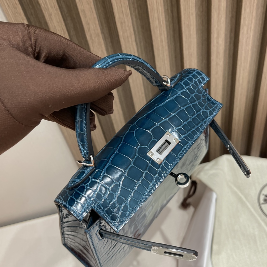 HERMES 爱马仕 Mini Kelly 二代 美洲鳄Alligator 亮面Shiny 方块 W0 博斯普鲁斯绿Vert Bosphore 进口蜜蜡线 全手工制作
