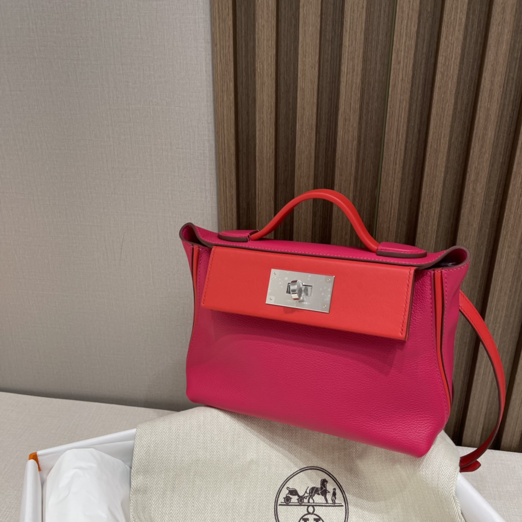 HERMES 爱马仕 Kelly2424 mini Evercolor/swift 0D 玫瑰墨西哥粉Rose Mexico/S3 心红Rouge de Coeur 进口蜜蜡线 全手工制作