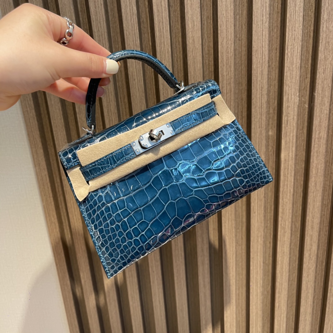 HERMES 爱马仕 Mini Kelly 二代 美洲鳄Alligator 亮面Shiny 方块 W0 博斯普鲁斯绿Vert Bosphore 进口蜜蜡线 全手工制作