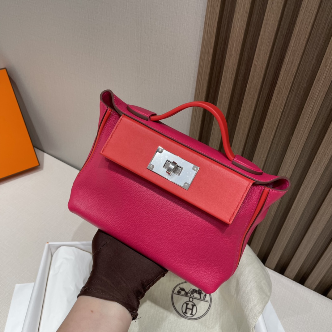 HERMES 爱马仕 Kelly2424 mini Evercolor/swift 0D 玫瑰墨西哥粉Rose Mexico/S3 心红Rouge de Coeur 进口蜜蜡线 全手工制作