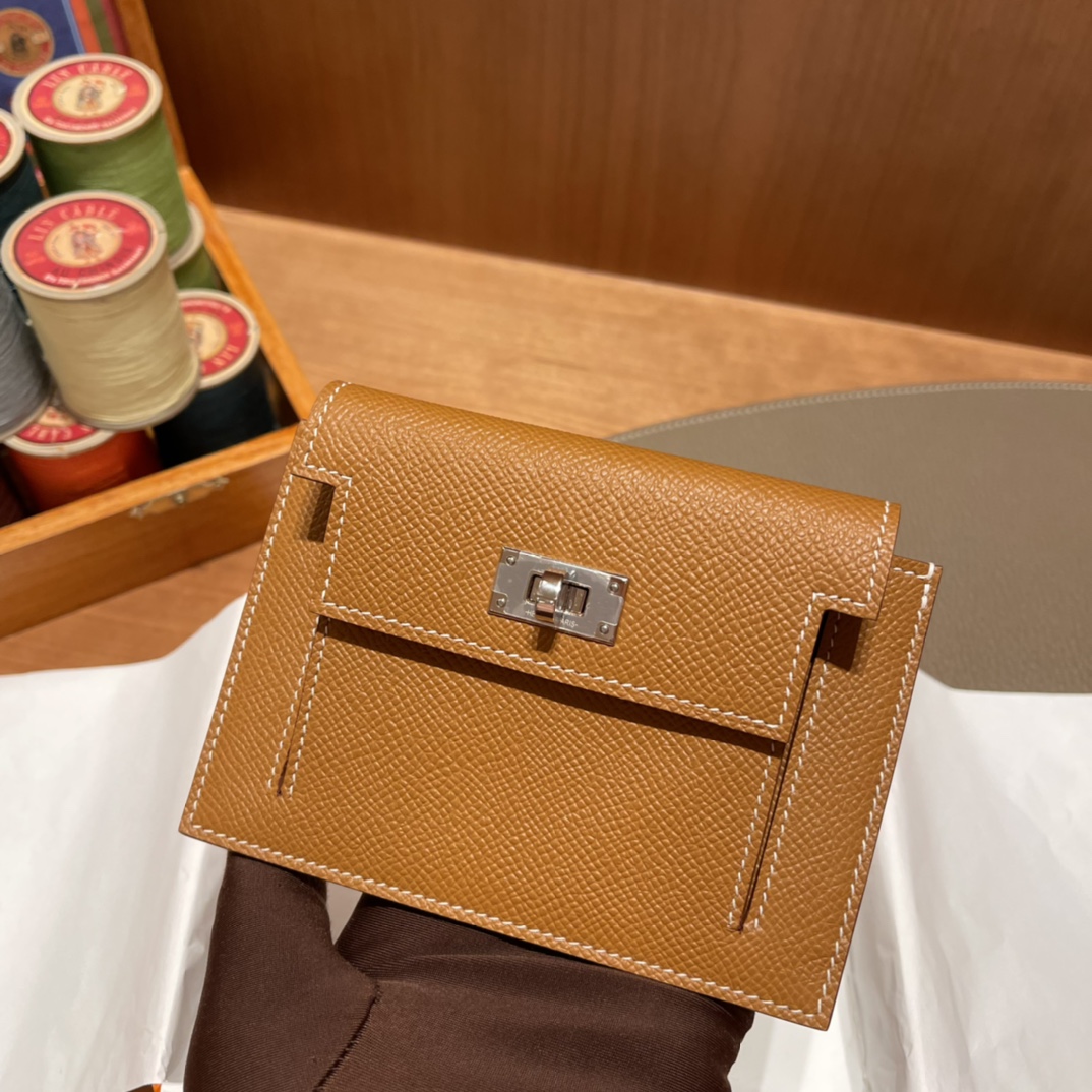 HERMES 爱马仕 Kelly Pocket 卡包 Epsom CK37金棕色 进口蜜蜡线 全手工制作