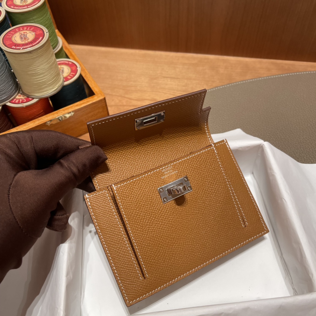 HERMES 爱马仕 Kelly Pocket 卡包 Epsom CK37金棕色 进口蜜蜡线 全手工制作