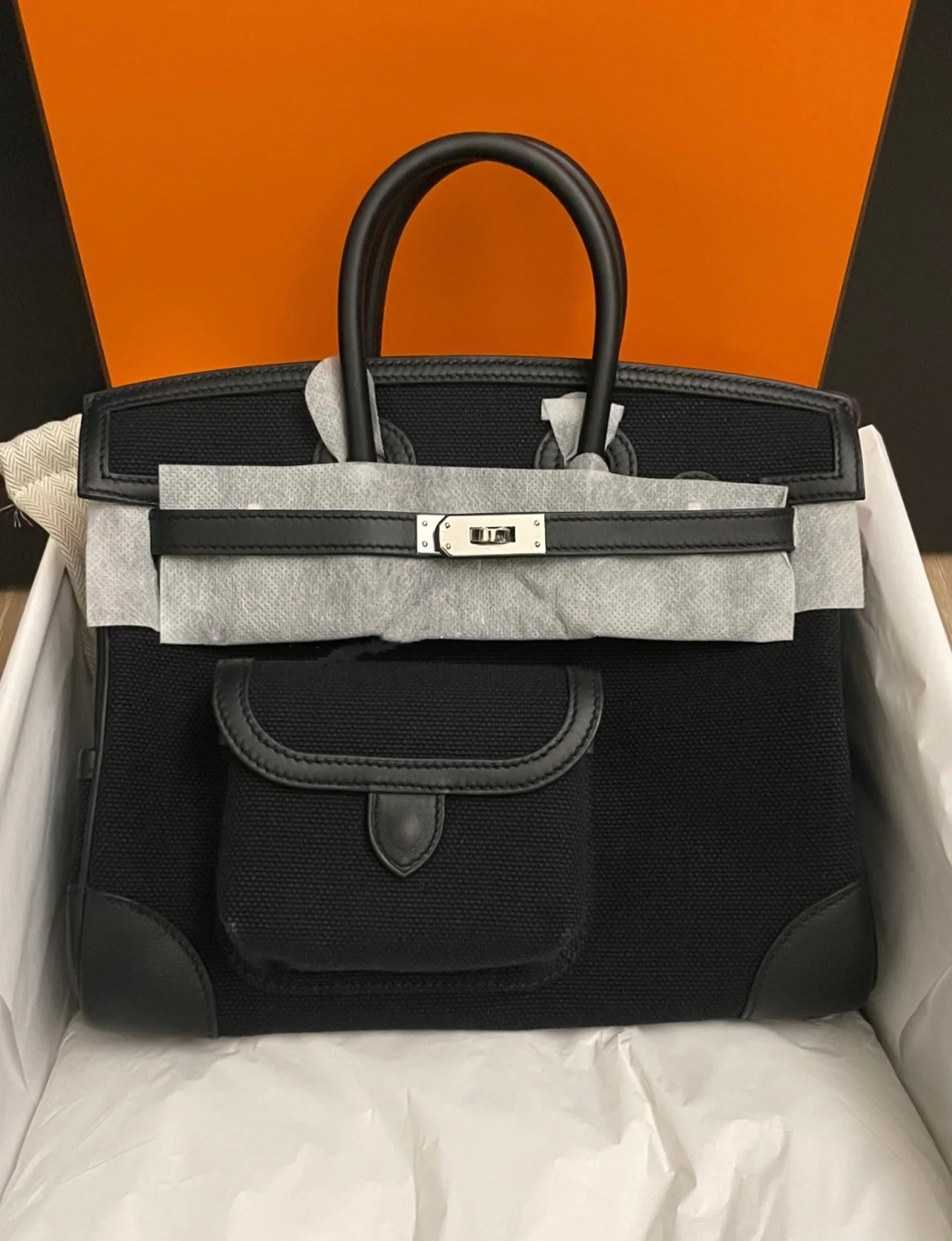 HERMES 爱马仕 Cargo Birkin 25cm 帆布/swift 89 黑色Noir 进口蜜蜡线 全手工制作