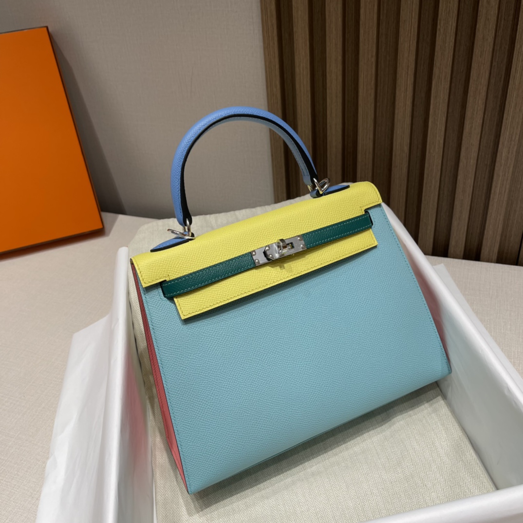 HERMES 爱马仕 Kelly 25cm Epsom皮 五拼色 3P 马卡龙蓝/1Q 奶昔粉/9R 柠檬黄/2T 天堂蓝/Z6 孔雀绿 进口蜜蜡线 全手工制作