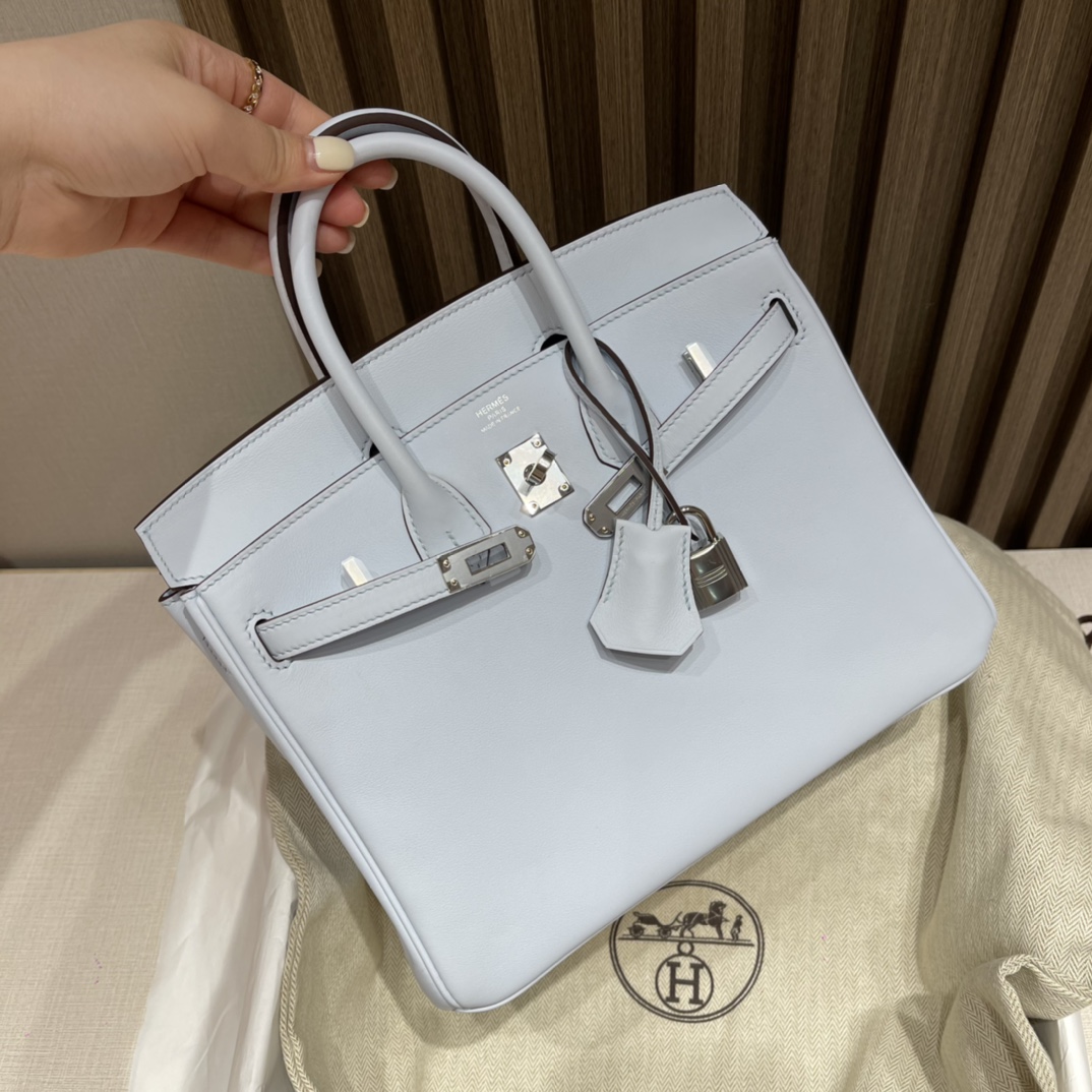 HERMES 爱马仕 Birkin 25cm swift皮 T0 雾蓝色Blue Brume 进口蜜蜡线 全手工制作