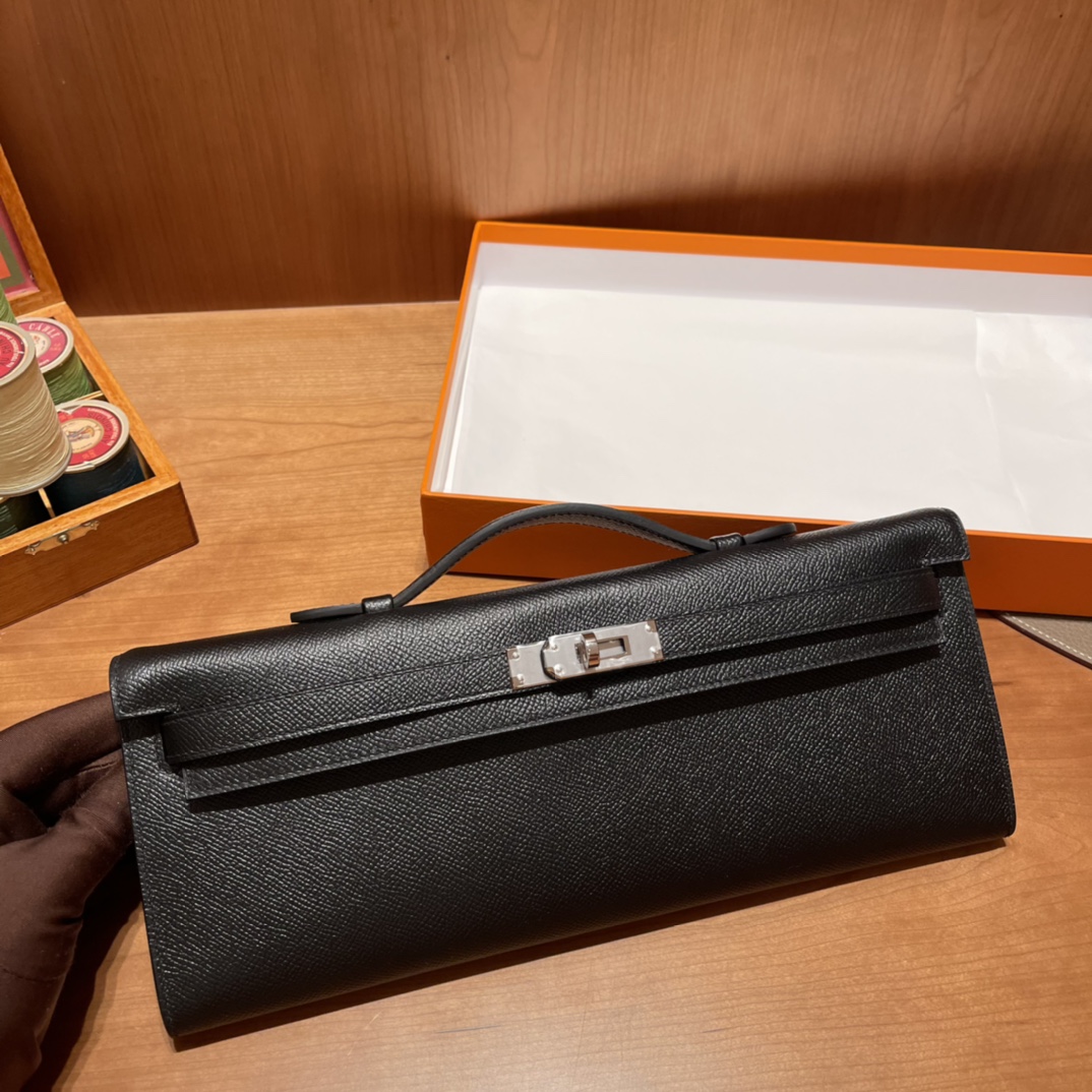 HERMES 爱马仕 Kelly cut 31cm Epsom皮 经典手包/晚宴包 89 黑色Noir 进口蜜蜡线 全手工制作