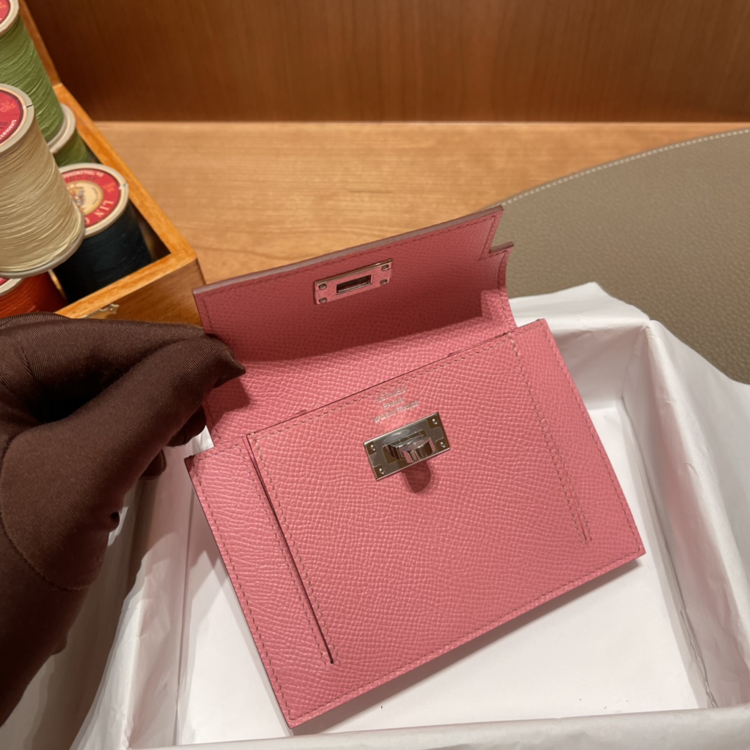 HERMES 爱马仕 Kelly Pocket 卡包 Epsom 1Q 奶昔粉 Rose Confetti 进口蜜蜡线 全手工制作