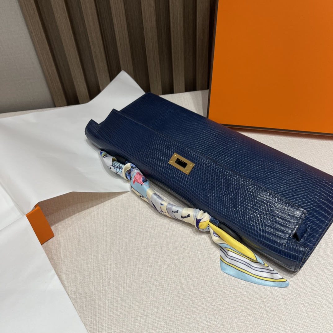 HERMES 爱马仕 Kelly cut 31cm 蜥蜴皮 73 宝石蓝Blue Saphire 进口蜜蜡线 全手工制作