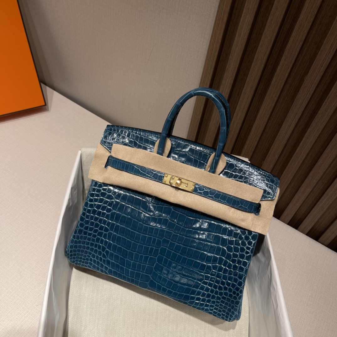 HERMES 爱马仕 Birkin 25cm 湾鳄Porocus 亮面 刻倒V W0 博斯普鲁斯海峡绿Vert Bosphore 高级感拉满 口蜜蜡线 全手工制作