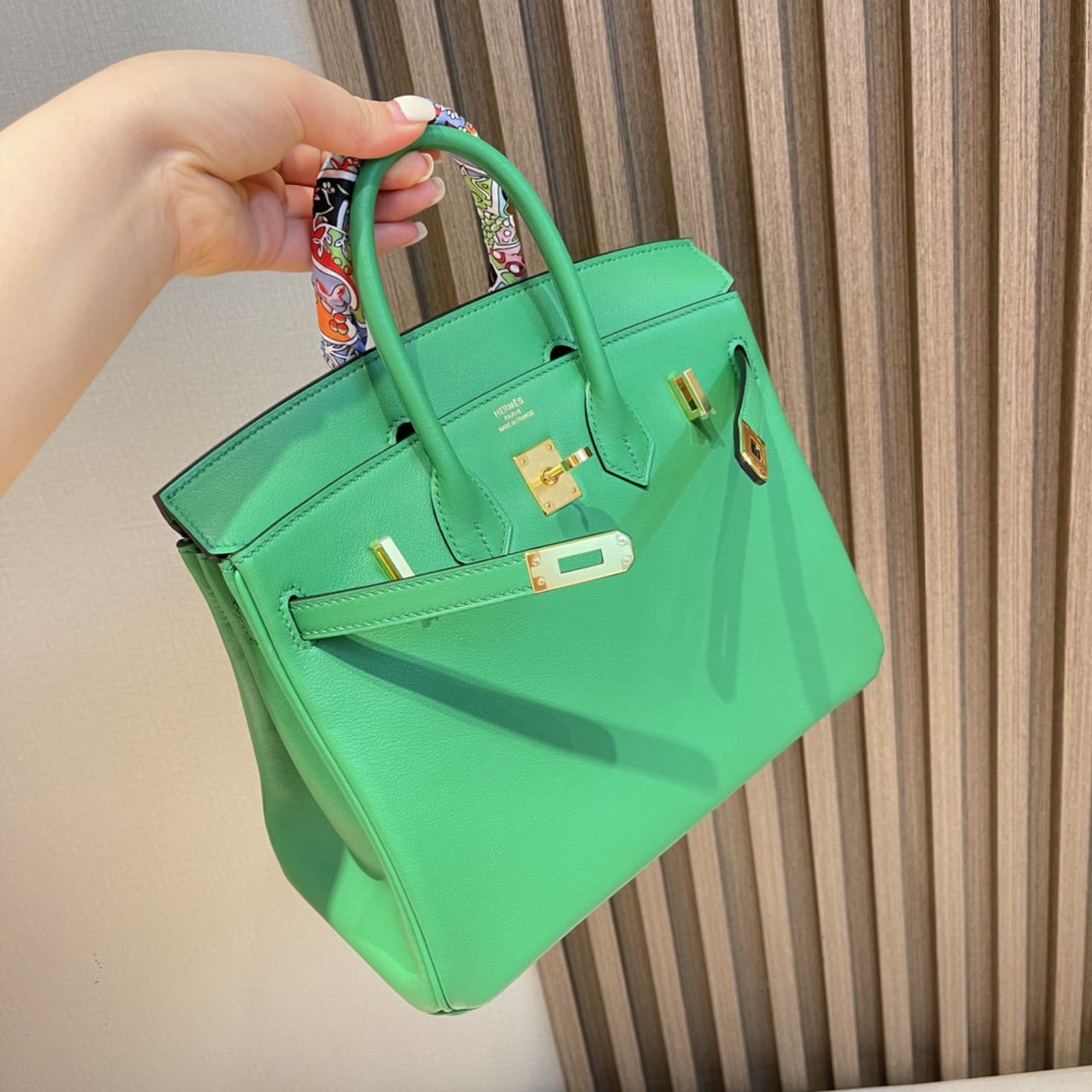HERMES 爱马仕 Birkin 25cm swift皮 1K 竹子绿Bambou 进口蜜蜡线 全手工制作