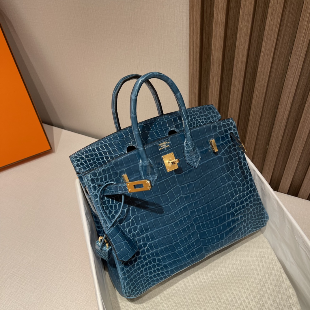 HERMES 爱马仕 Birkin 25cm 湾鳄Porocus 亮面 刻倒V W0 博斯普鲁斯海峡绿Vert Bosphore 高级感拉满 口蜜蜡线 全手工制作