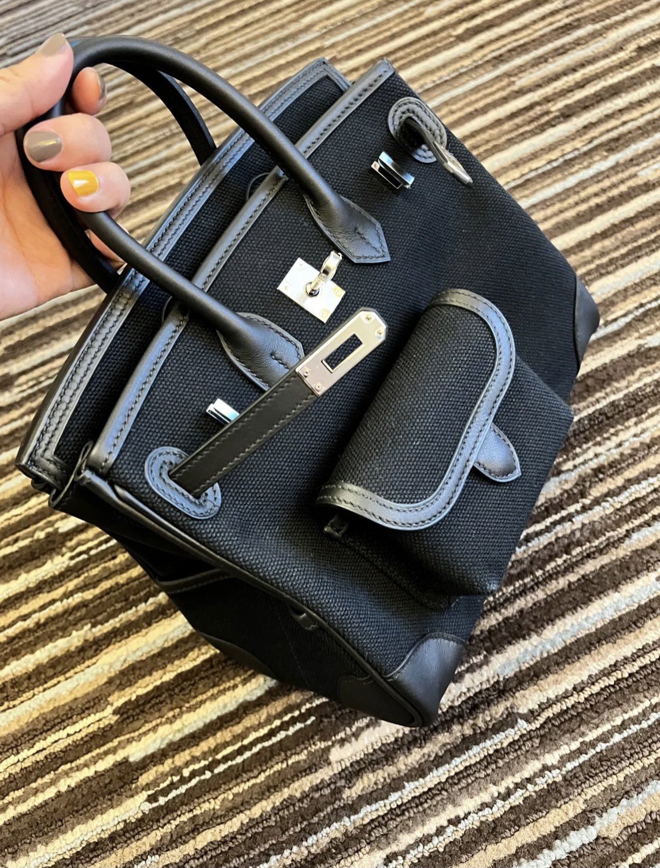 HERMES 爱马仕 Cargo Birkin 25cm 帆布/swift 89 黑色Noir 进口蜜蜡线 全手工制作