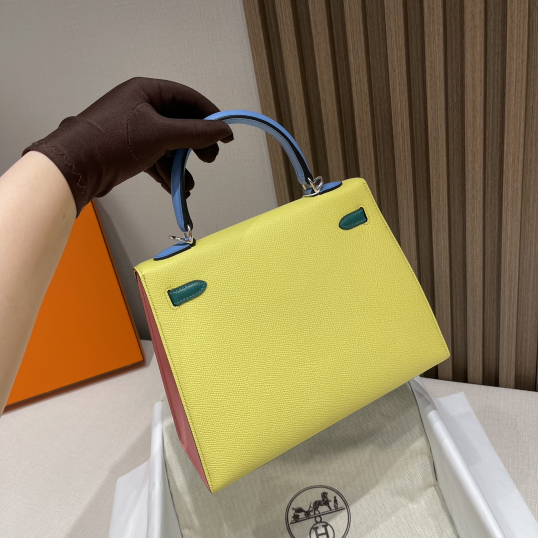 HERMES 爱马仕 Kelly 25cm Epsom皮 五拼色 3P 马卡龙蓝/1Q 奶昔粉/9R 柠檬黄/2T 天堂蓝/Z6 孔雀绿 进口蜜蜡线 全手工制作