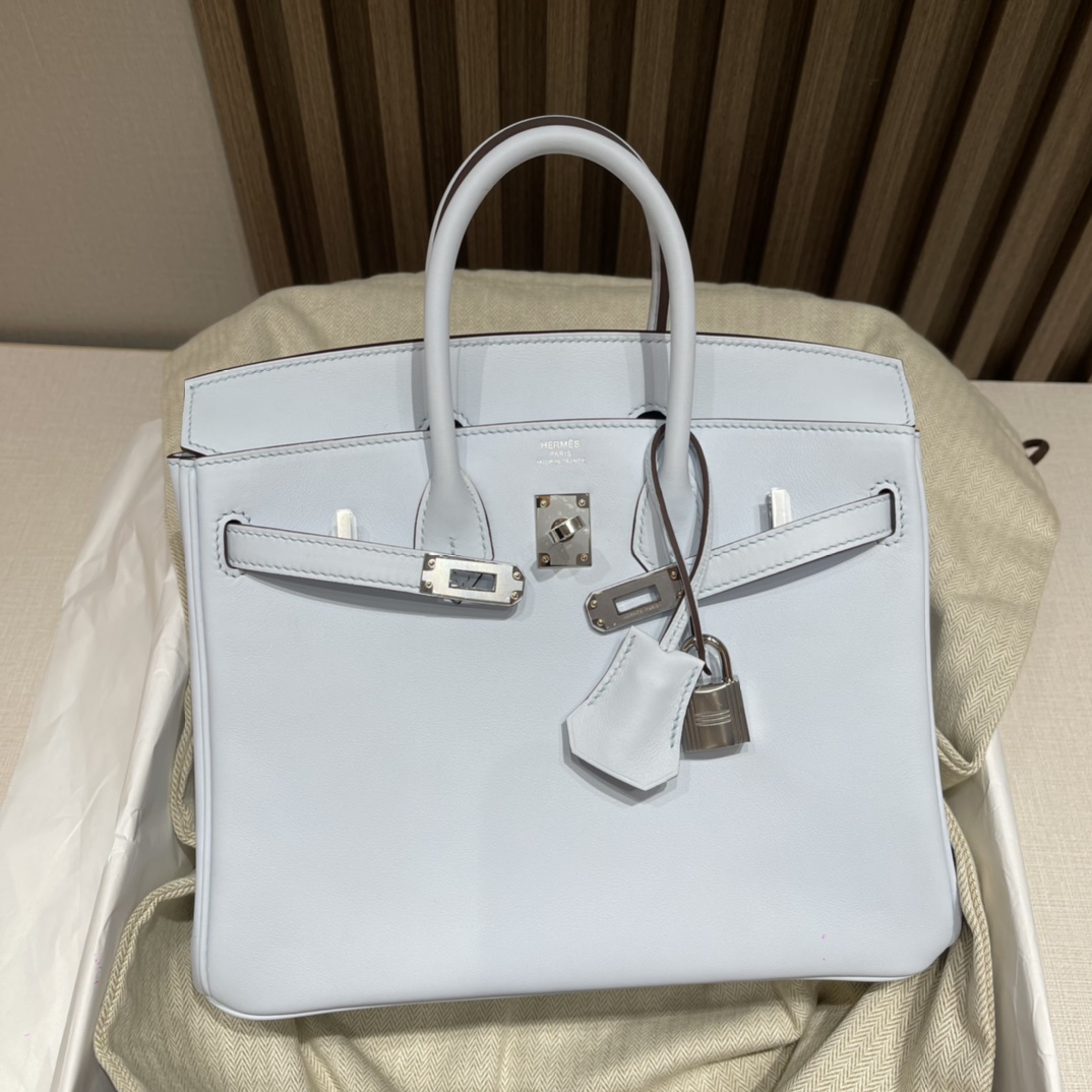 HERMES 爱马仕 Birkin 25cm swift皮 T0 雾蓝色Blue Brume 进口蜜蜡线 全手工制作