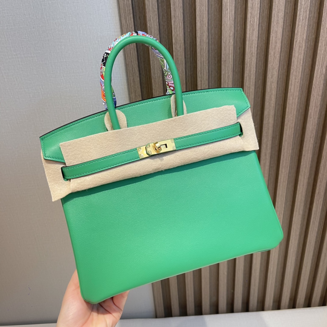 HERMES 爱马仕 Birkin 25cm swift皮 1K 竹子绿Bambou 进口蜜蜡线 全手工制作