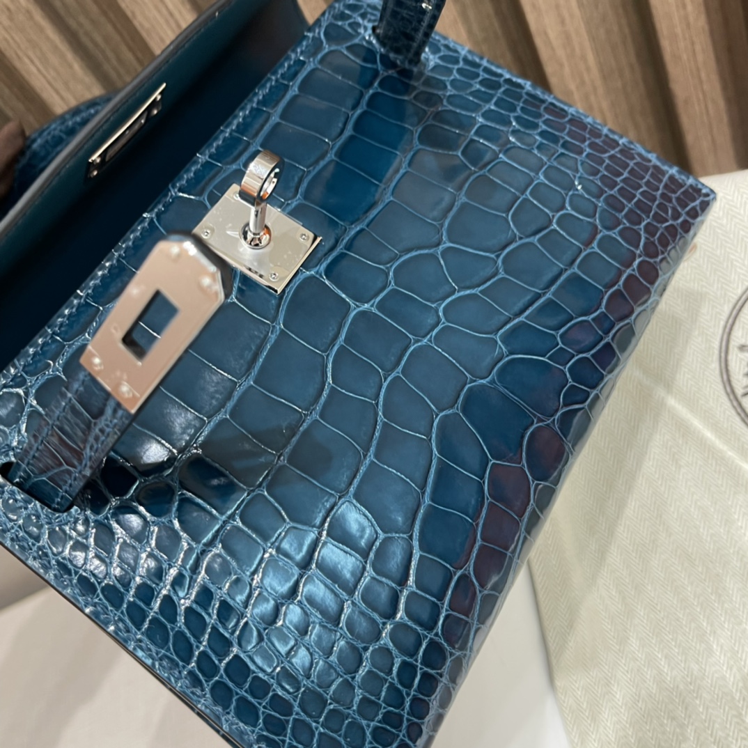 HERMES 爱马仕 Mini Kelly 二代 美洲鳄Alligator 亮面Shiny 方块 W0 博斯普鲁斯绿Vert Bosphore 进口蜜蜡线 全手工制作