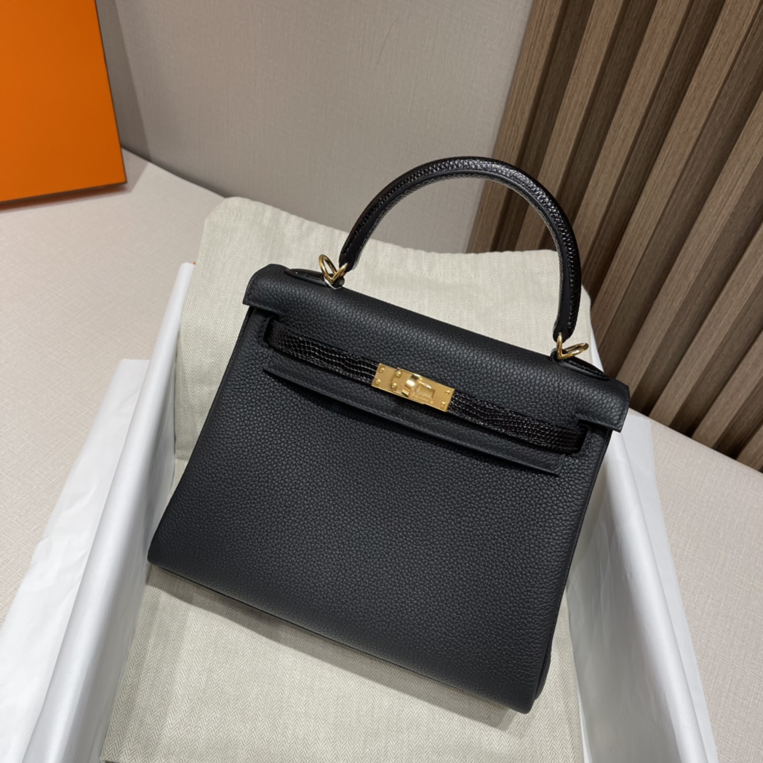 HERMES 爱马仕 Kelly Touch 25cm 内缝Retourne Togo/蜥蜴皮 89 黑色Noir 