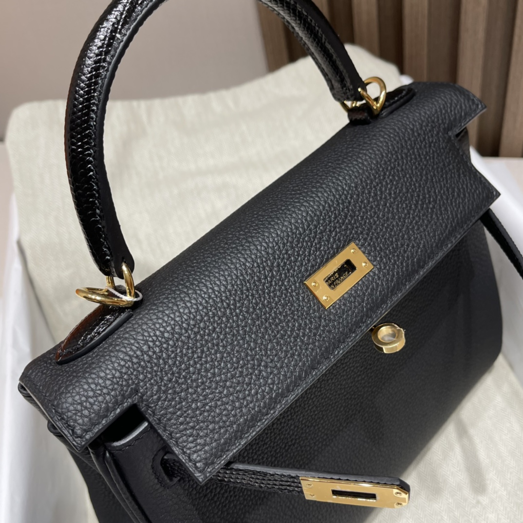 HERMES 爱马仕 Kelly Touch 25cm 内缝Retourne Togo/蜥蜴皮 89 黑色Noir 
