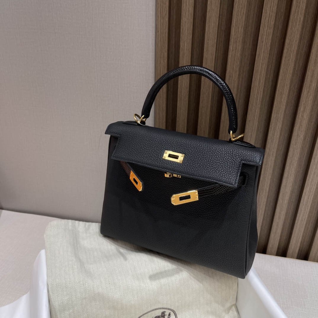 HERMES 爱马仕 Kelly Touch 25cm 内缝Retourne Togo/蜥蜴皮 89 黑色Noir 