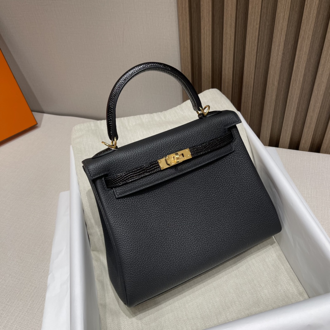 HERMES 爱马仕 Kelly Touch 25cm 内缝Retourne Togo/蜥蜴皮 89 黑色Noir 