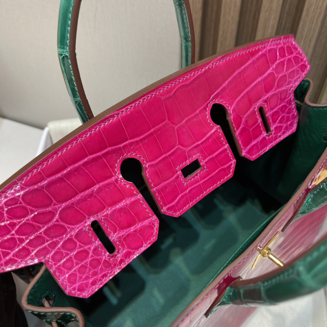 HERMES 爱马仕Birkin 25cm 尼罗鳄 亮光Shiny 马蹄 两点 5J 桃红/6Q 翡翠绿