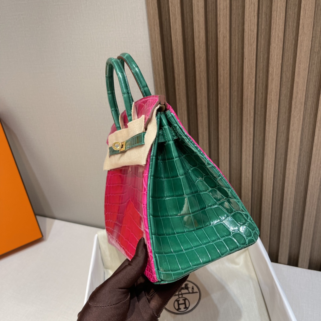 HERMES 爱马仕Birkin 25cm 尼罗鳄 亮光Shiny 马蹄 两点 5J 桃红/6Q 翡翠绿