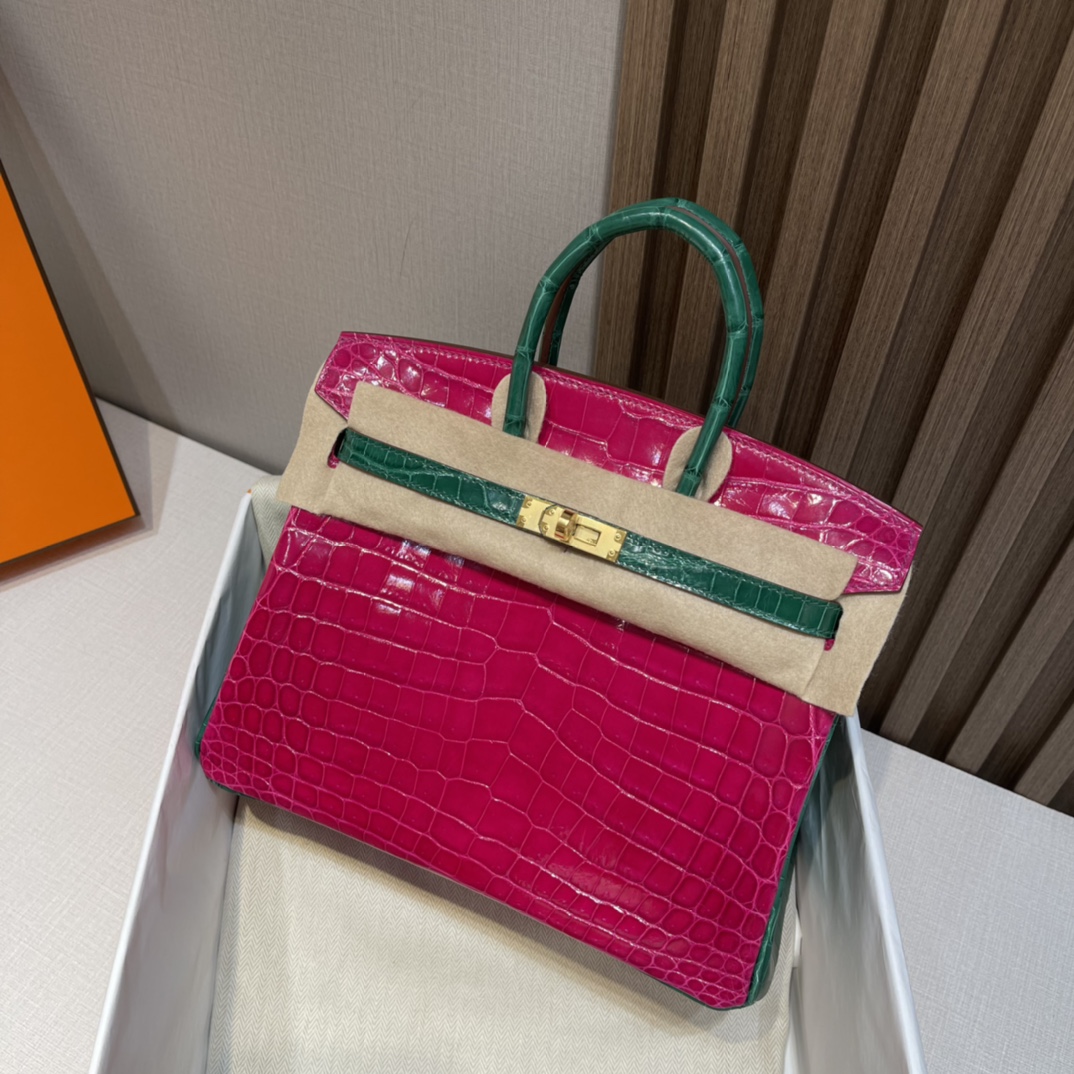 HERMES 爱马仕Birkin 25cm 尼罗鳄 亮光Shiny 马蹄 两点 5J 桃红/6Q 翡翠绿