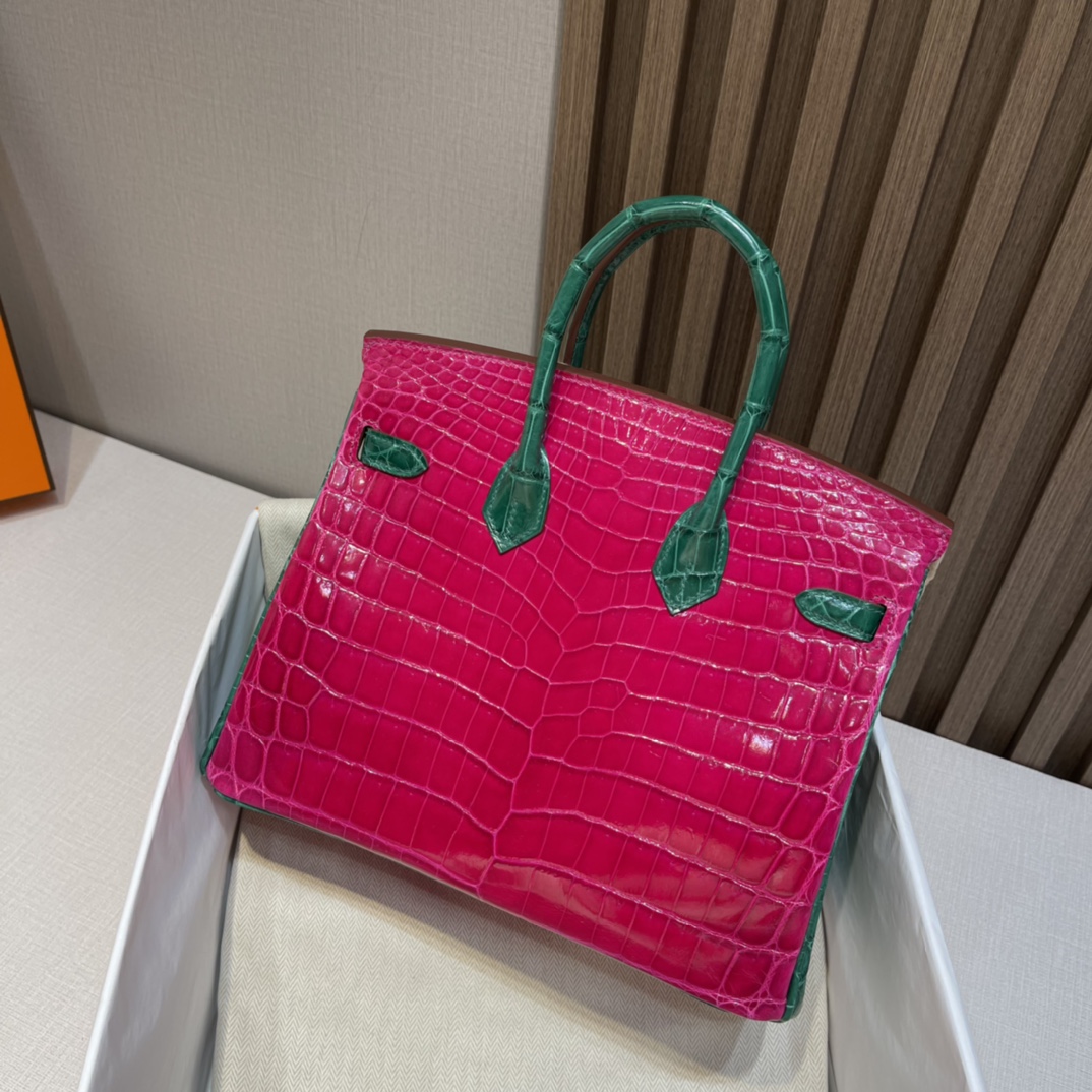 HERMES 爱马仕Birkin 25cm 尼罗鳄 亮光Shiny 马蹄 两点 5J 桃红/6Q 翡翠绿