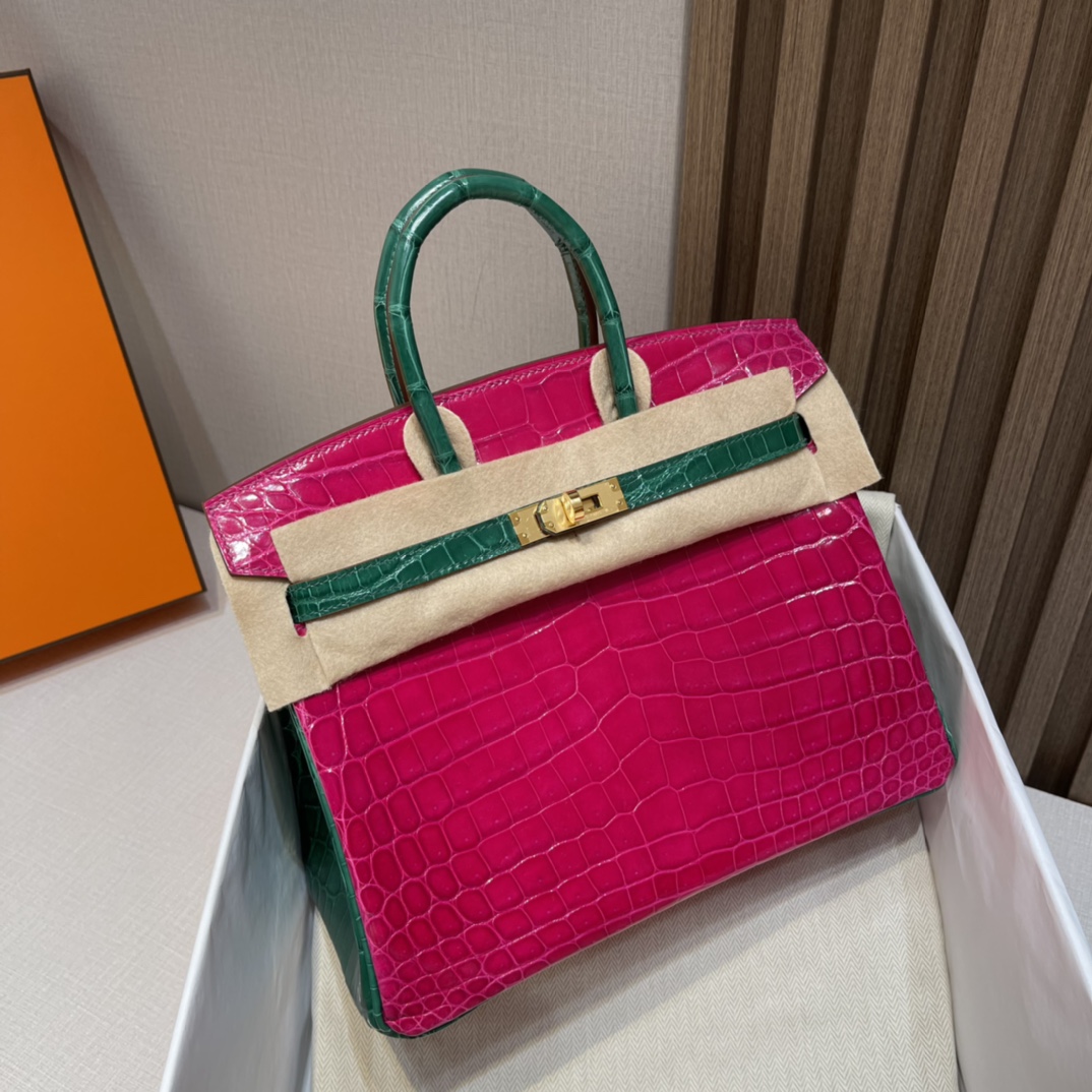 HERMES 爱马仕Birkin 25cm 尼罗鳄 亮光Shiny 马蹄 两点 5J 桃红/6Q 翡翠绿