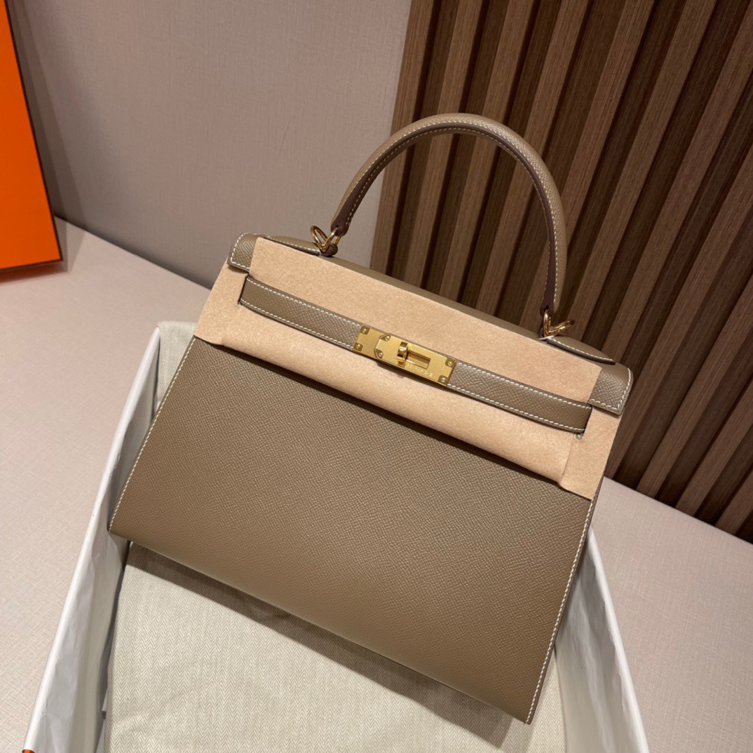 HERMES 爱马仕 Kelly 28cm Epsom皮 8C Gri Elephant 大象灰  进口蜜蜡线 全手工制作