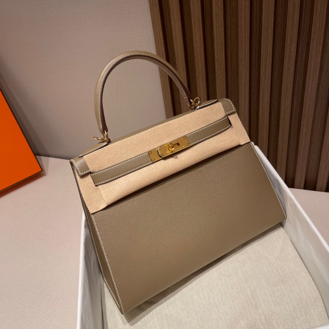 HERMES 爱马仕 Kelly 28cm Epsom皮 8C Gri Elephant 大象灰  进口蜜蜡线 全手工制作