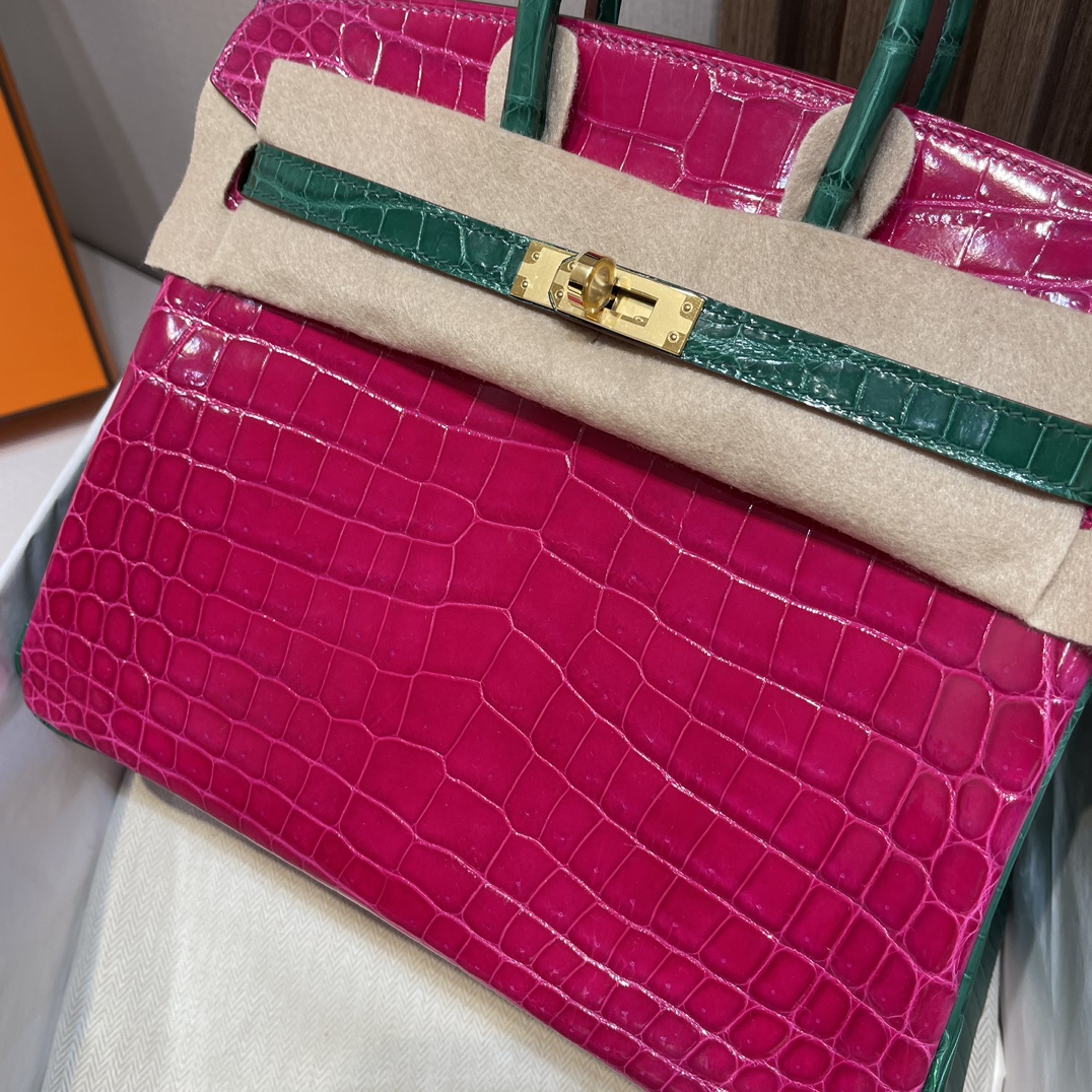 HERMES 爱马仕Birkin 25cm 尼罗鳄 亮光Shiny 马蹄 两点 5J 桃红/6Q 翡翠绿
