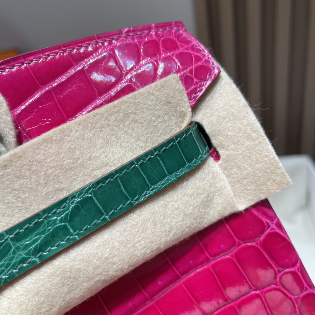 HERMES 爱马仕Birkin 25cm 尼罗鳄 亮光Shiny 马蹄 两点 5J 桃红/6Q 翡翠绿