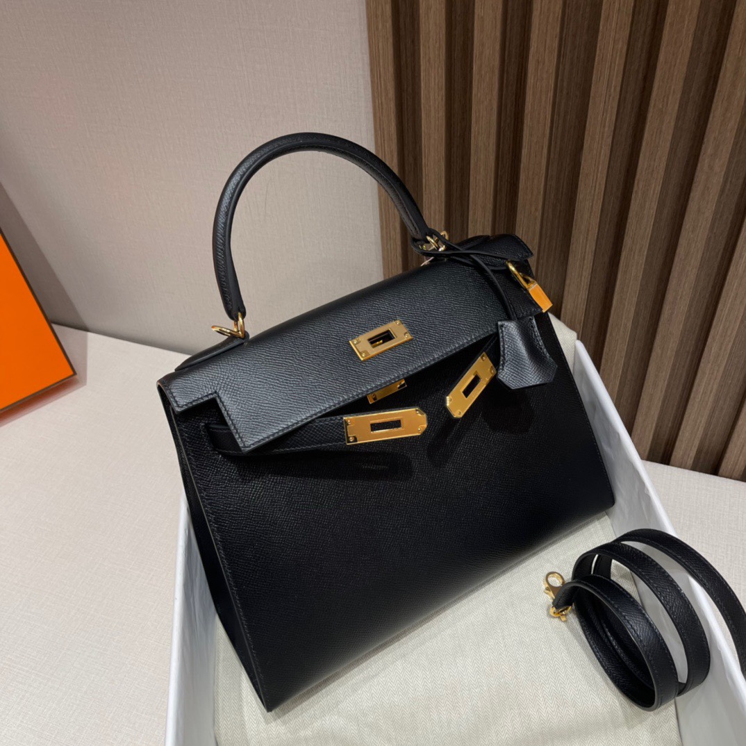 HERMES 爱马仕 Kelly 28cm Epsom皮 CC89 Nior经典黑 进口蜜蜡线 全手工制作