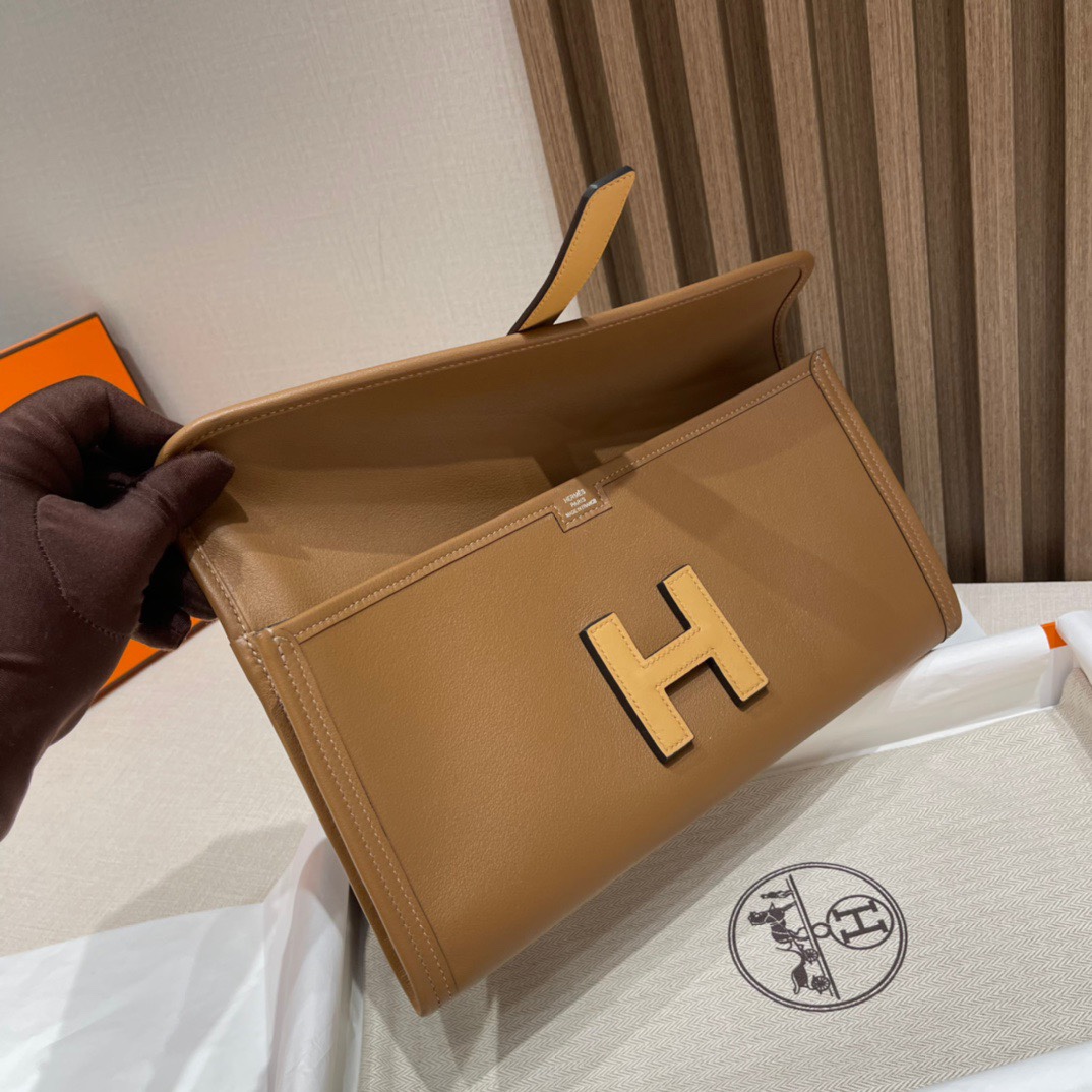 HERMES 爱马仕 Jige Elan 29 Clutch 手拿包 Swift 皮 CK37 金棕色 0M CHAI奶茶色 进口蜜蜡线 全手工制作