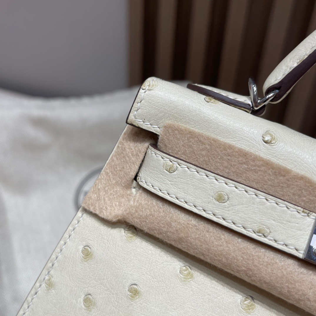 HERMES 爱马仕Mini Kelly 2代 迷你凯莉 10 Craie粉笔白 鸵鸟皮 Birkinx娇娇名品