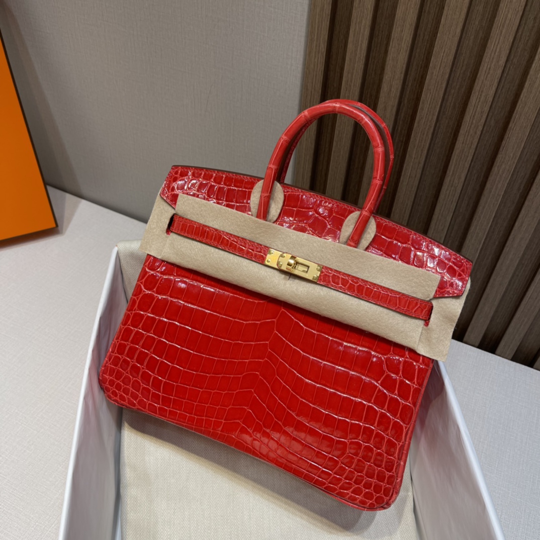 HERMES 爱马仕Birkin 25cm 尼罗鳄Niloticus  亮面Shiny 两点•• 95 法拉利红Braise
