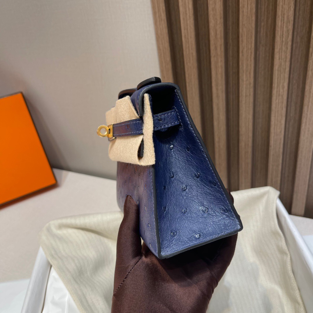 HERMES 爱马仕Mini Kelly 1代 迷你凯莉 73 Blue Saphir宝石蓝 鸵鸟皮 Birkinx娇娇名品
