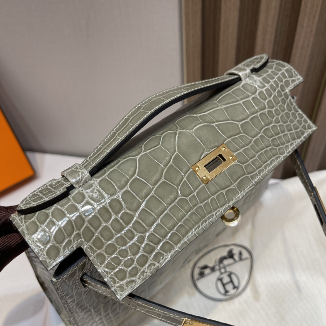 HERMES 爱马仕Mini Kelly 1代 80 Gris Perle 珍珠灰 22cm 金扣 鳄鱼皮 Birkinx娇娇名品