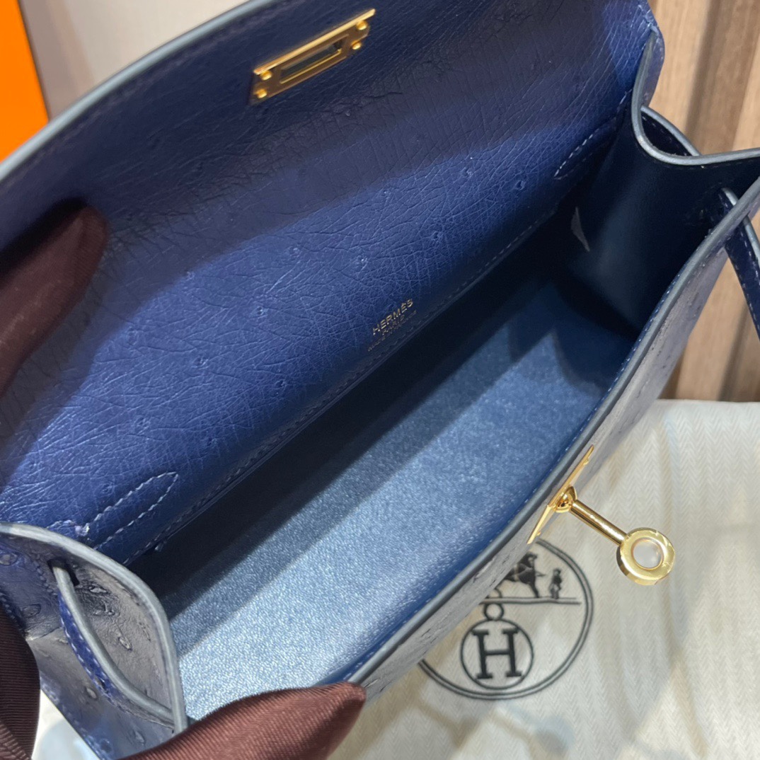 HERMES 爱马仕Mini Kelly 1代 迷你凯莉 73 Blue Saphir宝石蓝 鸵鸟皮 Birkinx娇娇名品