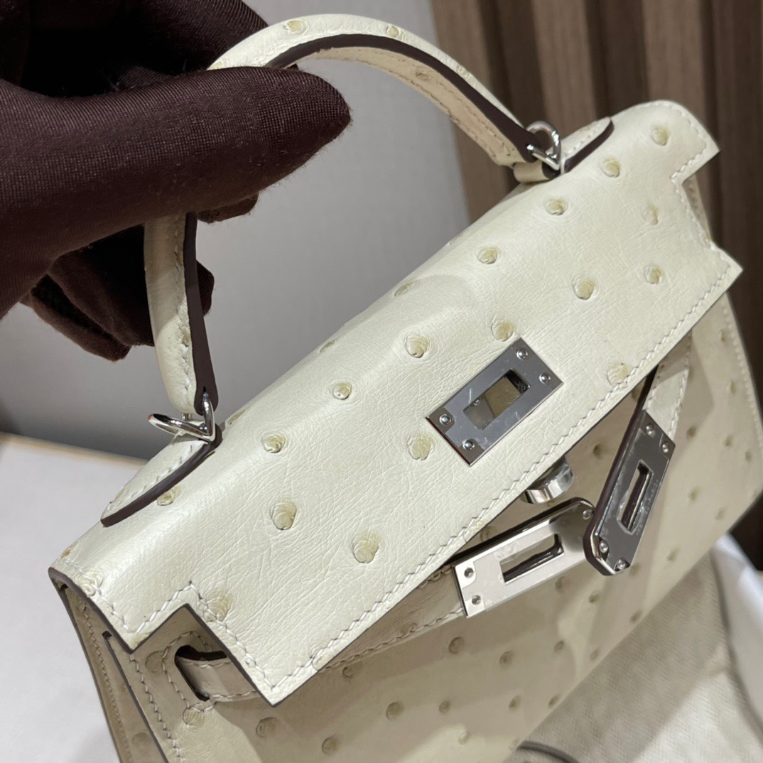 HERMES 爱马仕Mini Kelly 2代 迷你凯莉 10 Craie粉笔白 鸵鸟皮 Birkinx娇娇名品