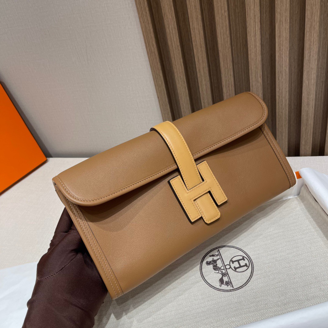 HERMES 爱马仕 Jige Elan 29 Clutch 手拿包 Swift 皮 CK37 金棕色 0M CHAI奶茶色 进口蜜蜡线 全手工制作