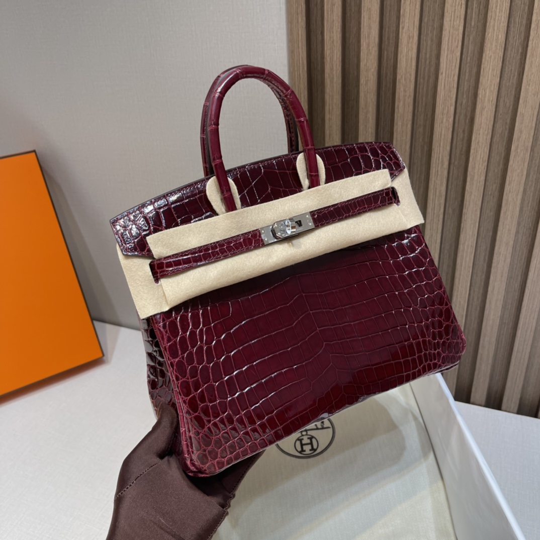 HERMES 爱马仕Birkin 25cm 尼罗鳄Niloticus  亮面Shiny 57 Bordeaux波尔多红